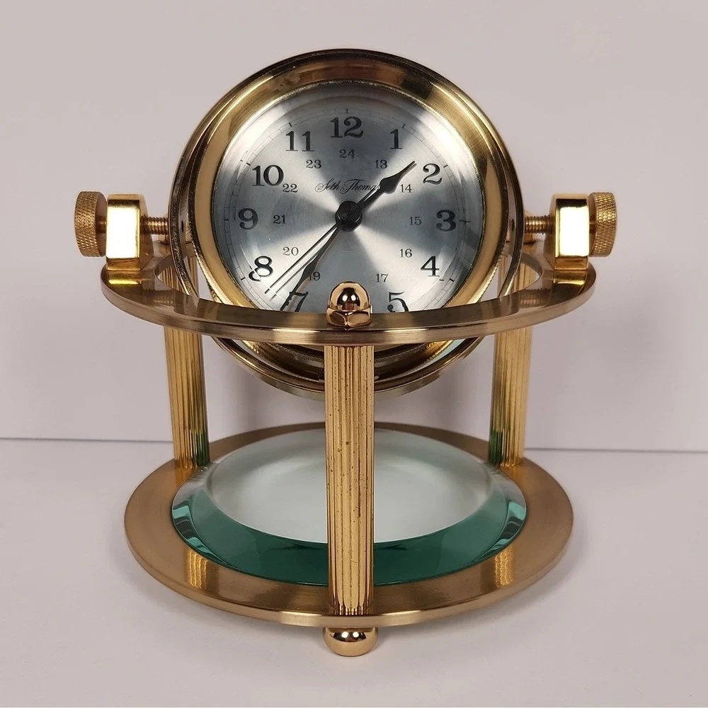 Vintage Seth Thomas Brass Gimbal Schooner Desk Clock Model 1044 - WORKING!